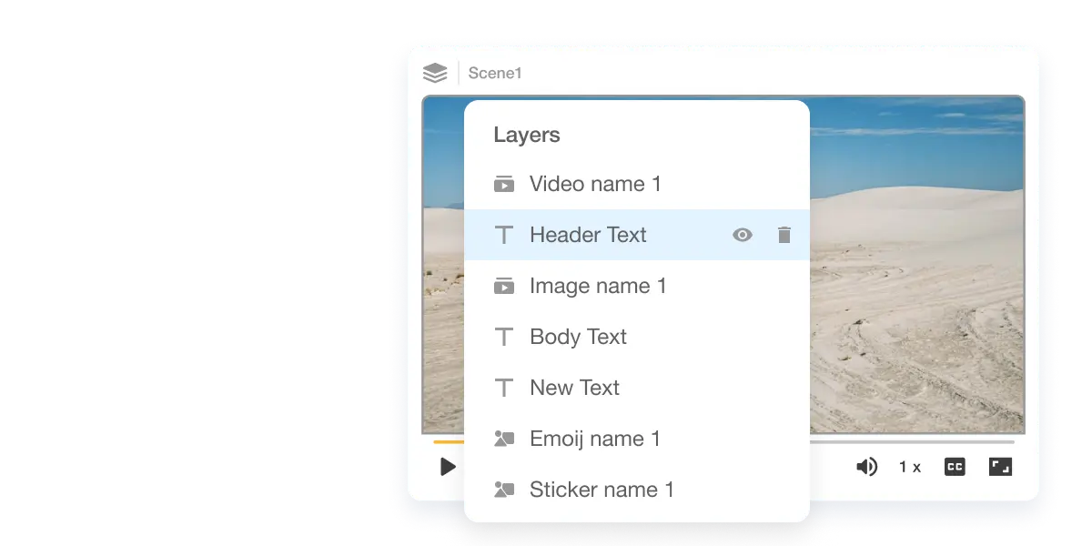 Layer control in scene based video editing showing stackable elements like text and stickers in Visla